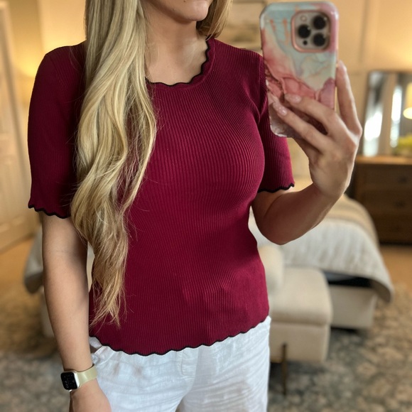 CeCe Burgundy Scalloped Blouse - Picture 1 of 5